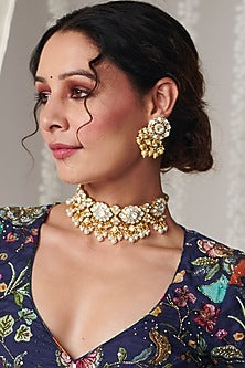 Gold Plated Vellore Kundan Polki & Freshwater Pearl Choker Necklace In Sterling Silver