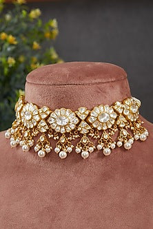 Gold Plated Vellore Kundan Polki & Freshwater Pearl Choker Necklace In Sterling Silver