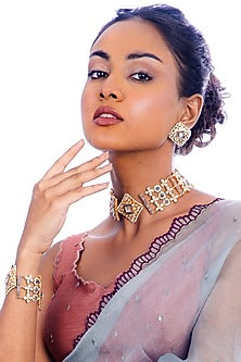 Gold Plated Vellore Kundan Polki & Blue Stone Choker Necklace Set In Sterling Silver
