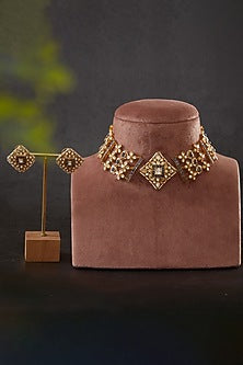 Gold Plated Vellore Kundan Polki & Blue Stone Choker Necklace Set In Sterling Silver