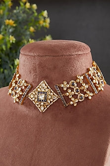 Gold Plated Vellore Kundan Polki & Blue Stone Choker Necklace Set In Sterling Silver