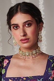 Gold Plated Vellore Kundan Polki & Rose Quartz Choker Necklace Set In Sterling Silver