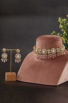Gold Plated Vellore Kundan Polki & Rose Quartz Choker Necklace Set In Sterling Silver