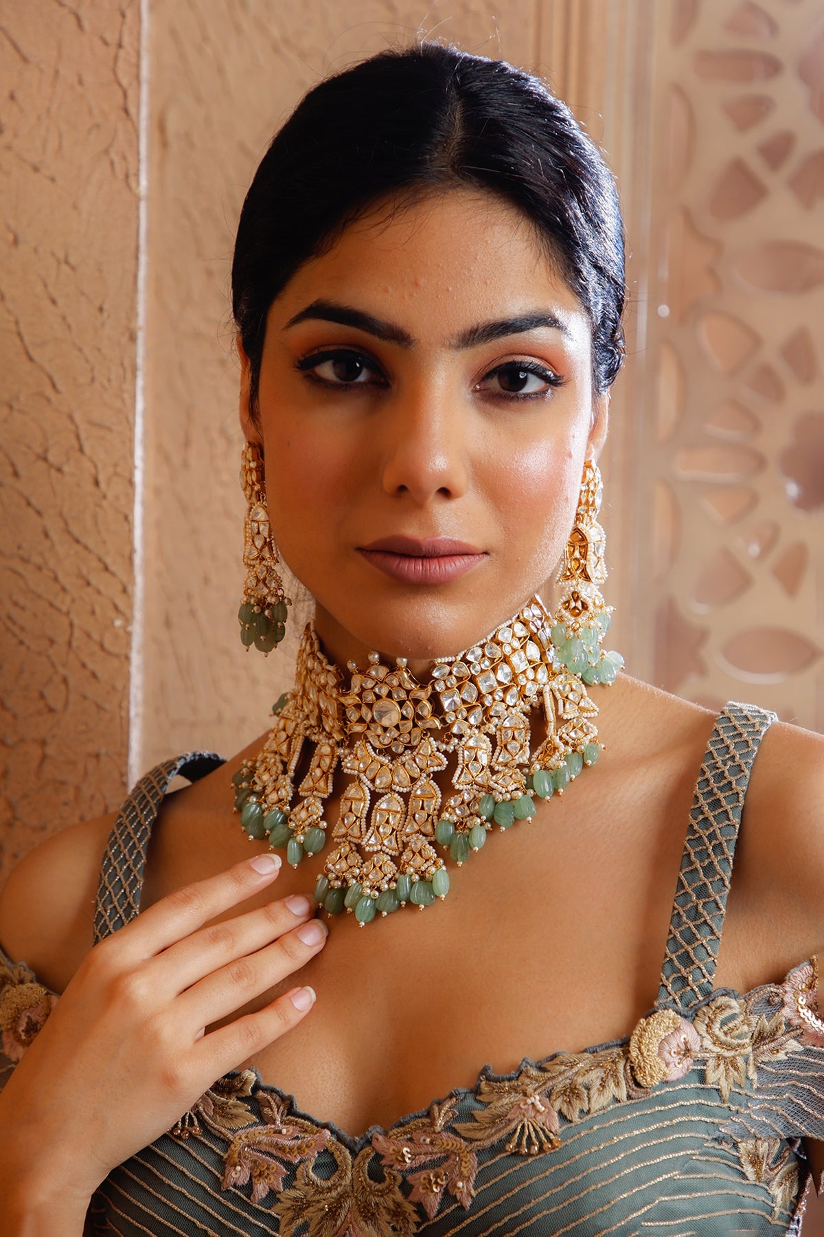 Gold Plated Vellore Kundan Polki & Freshwater Pearl Choker Necklace Set In Sterling Silver