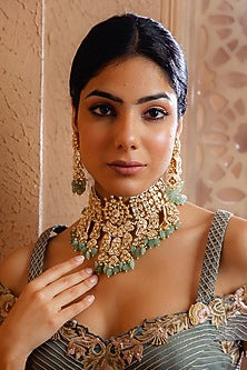 Gold Plated Vellore Kundan Polki & Freshwater Pearl Choker Necklace Set In Sterling Silver