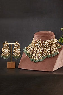 Gold Plated Vellore Kundan Polki & Freshwater Pearl Choker Necklace Set In Sterling Silver