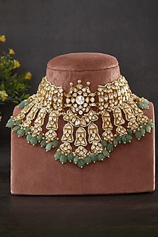 Gold Plated Vellore Kundan Polki & Freshwater Pearl Choker Necklace Set In Sterling Silver