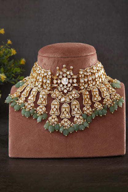 Gold Plated Vellore Kundan Polki & Freshwater Pearl Choker Necklace Set In Sterling Silver