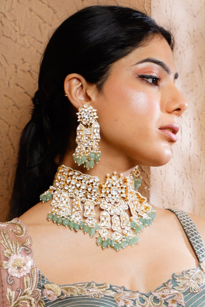 Gold Plated Vellore Kundan Polki & Freshwater Pearl Choker Necklace Set In Sterling Silver