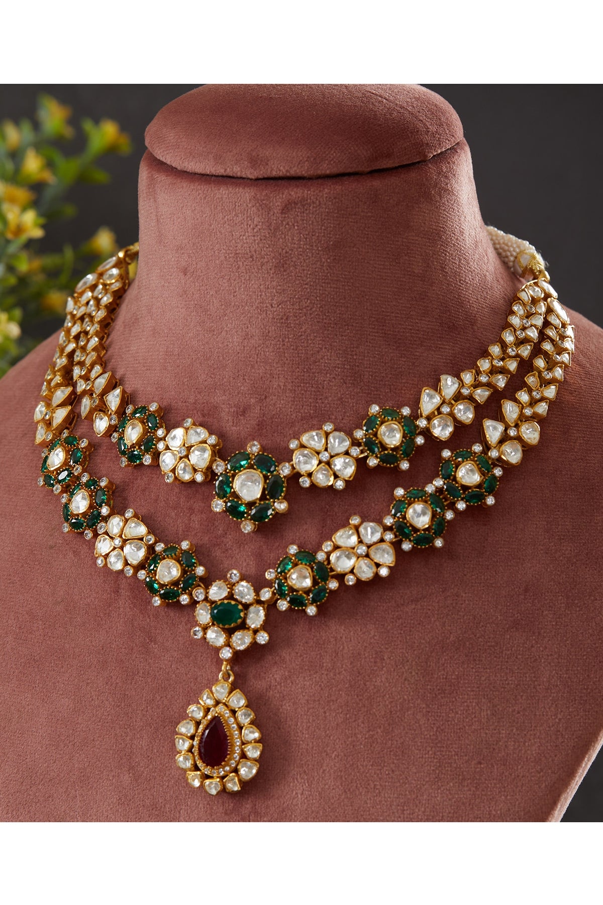 Gold Plated Vellore Kundan Polki & Layered Necklace In Sterling Silver