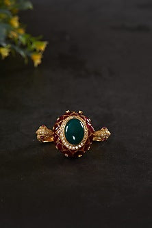 Gold Plated Vellor Kundan Polki & Red Utrai Ring In Sterling Silver
