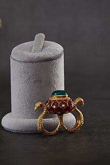 Gold Plated Vellor Kundan Polki & Red Utrai Ring In Sterling Silver