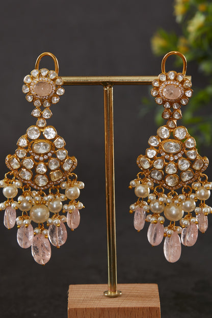 Gold Plated Vellore Kundan Polki & Rose Quartz Dangler Earrings In Sterling Silver