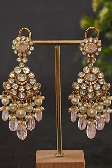 Gold Plated Vellore Kundan Polki & Rose Quartz Dangler Earrings In Sterling Silver