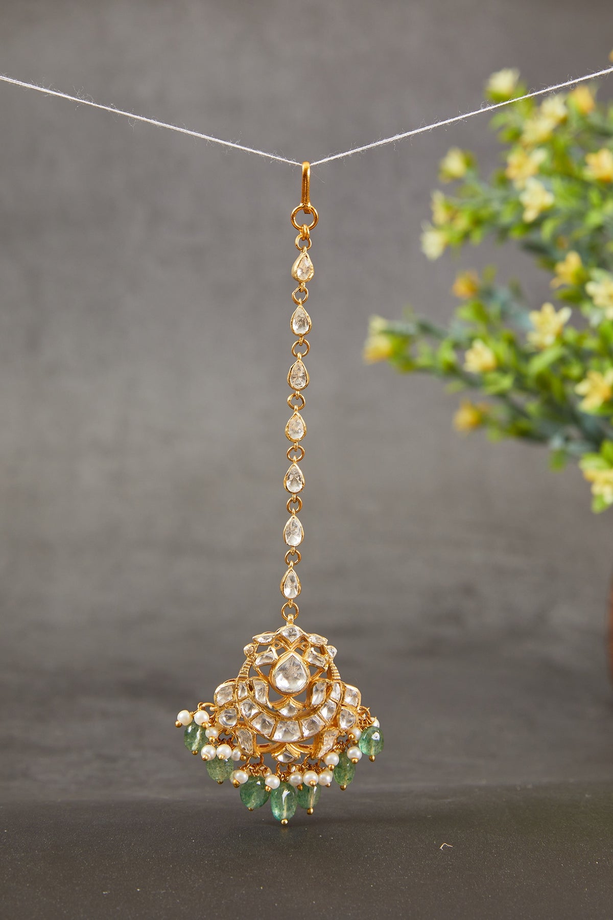 Gold Plated Kundan Polki & Freshwater Pearl Maangtikka In Sterling Silver