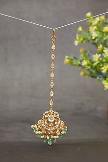 Gold Plated Kundan Polki & Freshwater Pearl Maangtikka In Sterling Silver