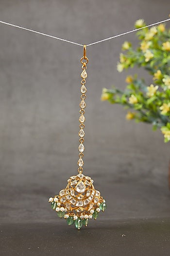 Gold Plated Kundan Polki & Freshwater Pearl Maangtikka In Sterling Silver