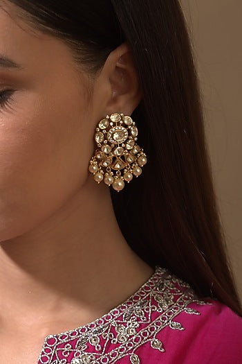 Gold Plated Polki & Pearls Jhumki Earrings
