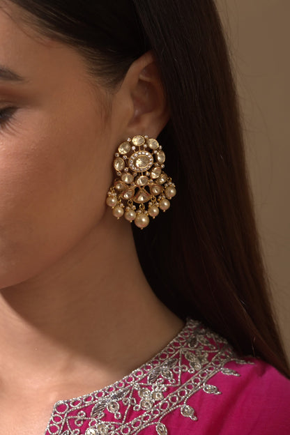 Gold Plated Polki & Pearls Jhumki Earrings