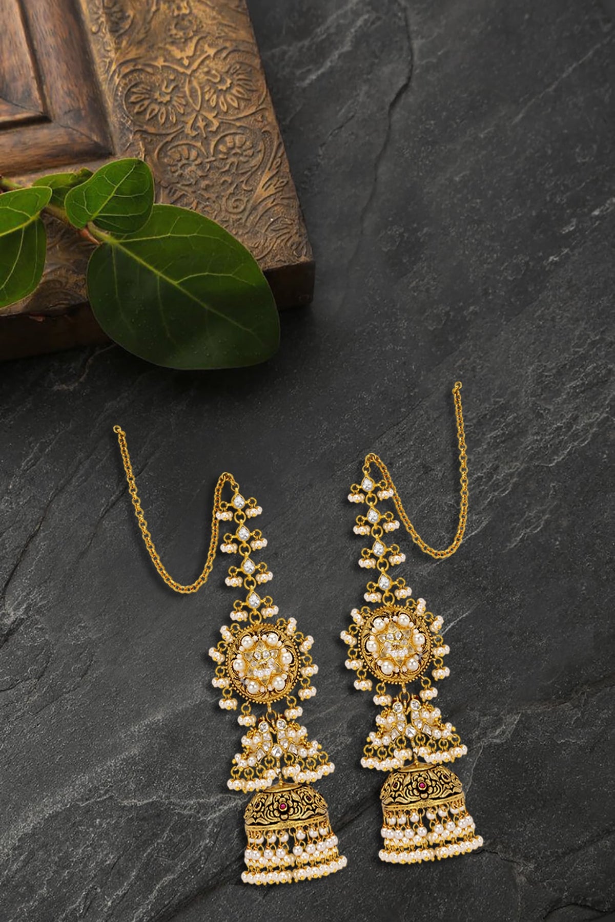 Gold Plated Pearls & Polki Jhumki Earrings