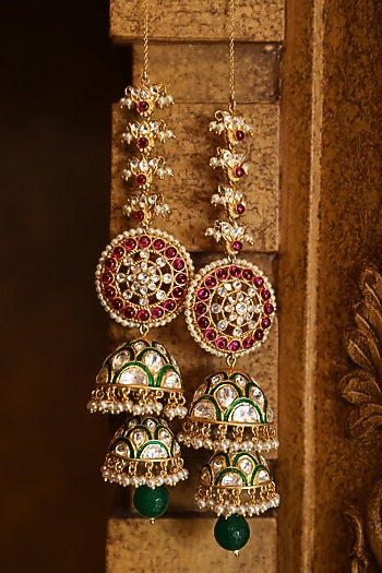 Gold Plated Green Enameled Jhumka Earrings