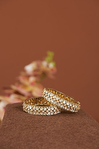 Gold Finish Vellore Polki Bangles In Sterling Silver (Set of 2)