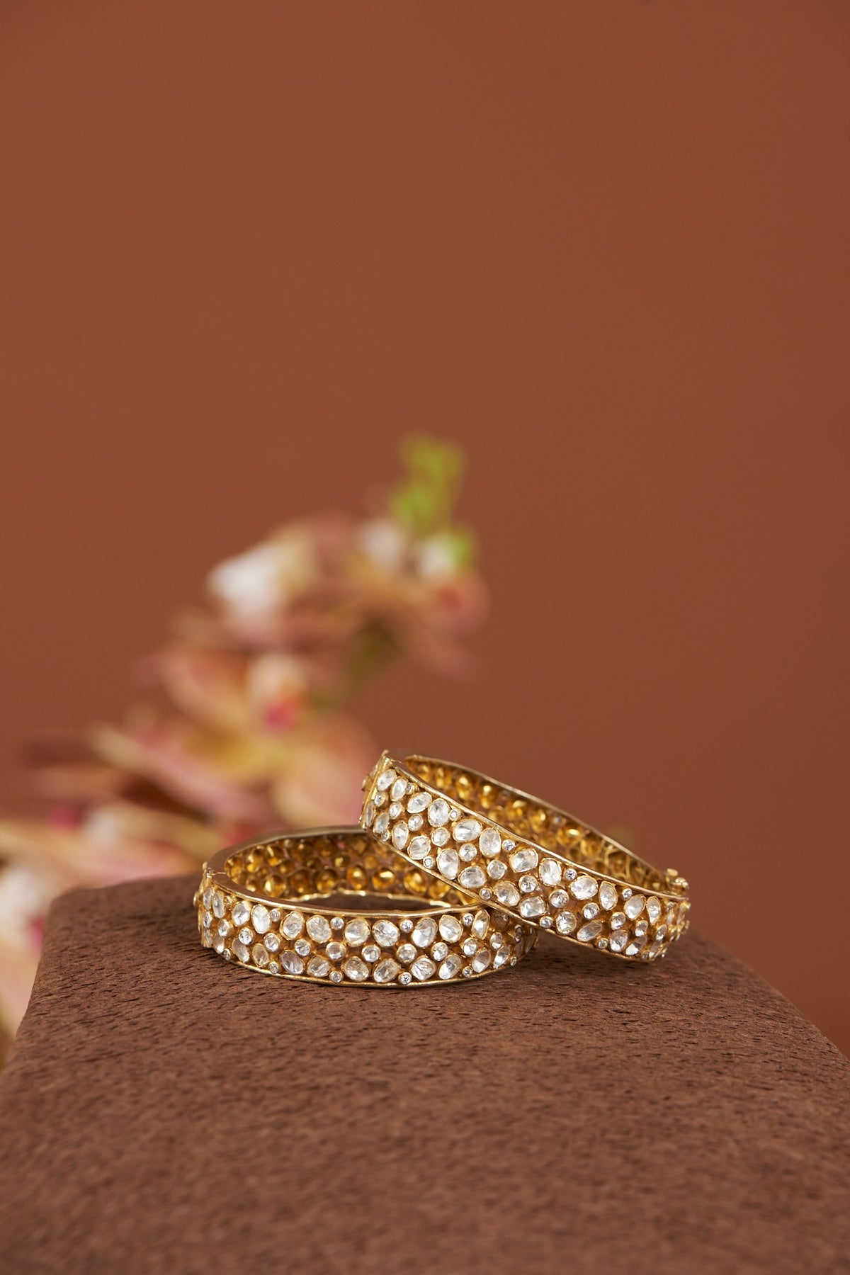 Gold Finish Vellore Polki Bangles In Sterling Silver (Set of 2)
