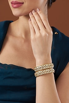 Gold Finish Vellore Polki Bangles In Sterling Silver (Set of 2)