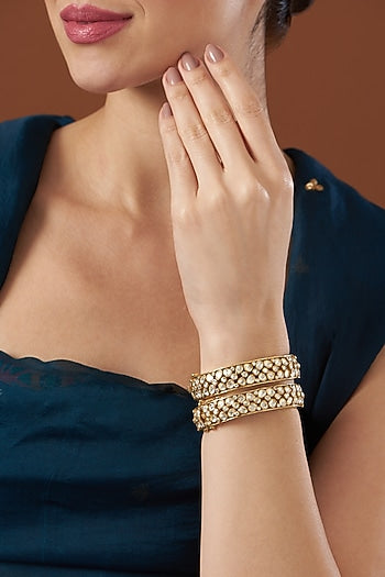 Gold Finish Vellore Polki Bangles In Sterling Silver (Set of 2)