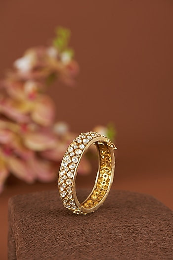 Gold Finish Vellore Polki Bangles In Sterling Silver (Set of 2)