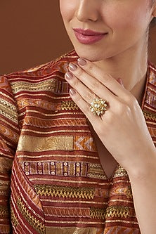 Gold Finish Vellore Polki Ring In Sterling Silver
