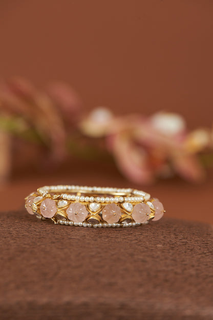 Gold Finish Rose Quartz Bangle In Sterling Silver