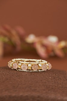 Gold Finish Rose Quartz Bangle In Sterling Silver