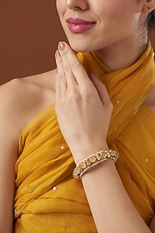 Gold Finish Rose Quartz Bangle In Sterling Silver