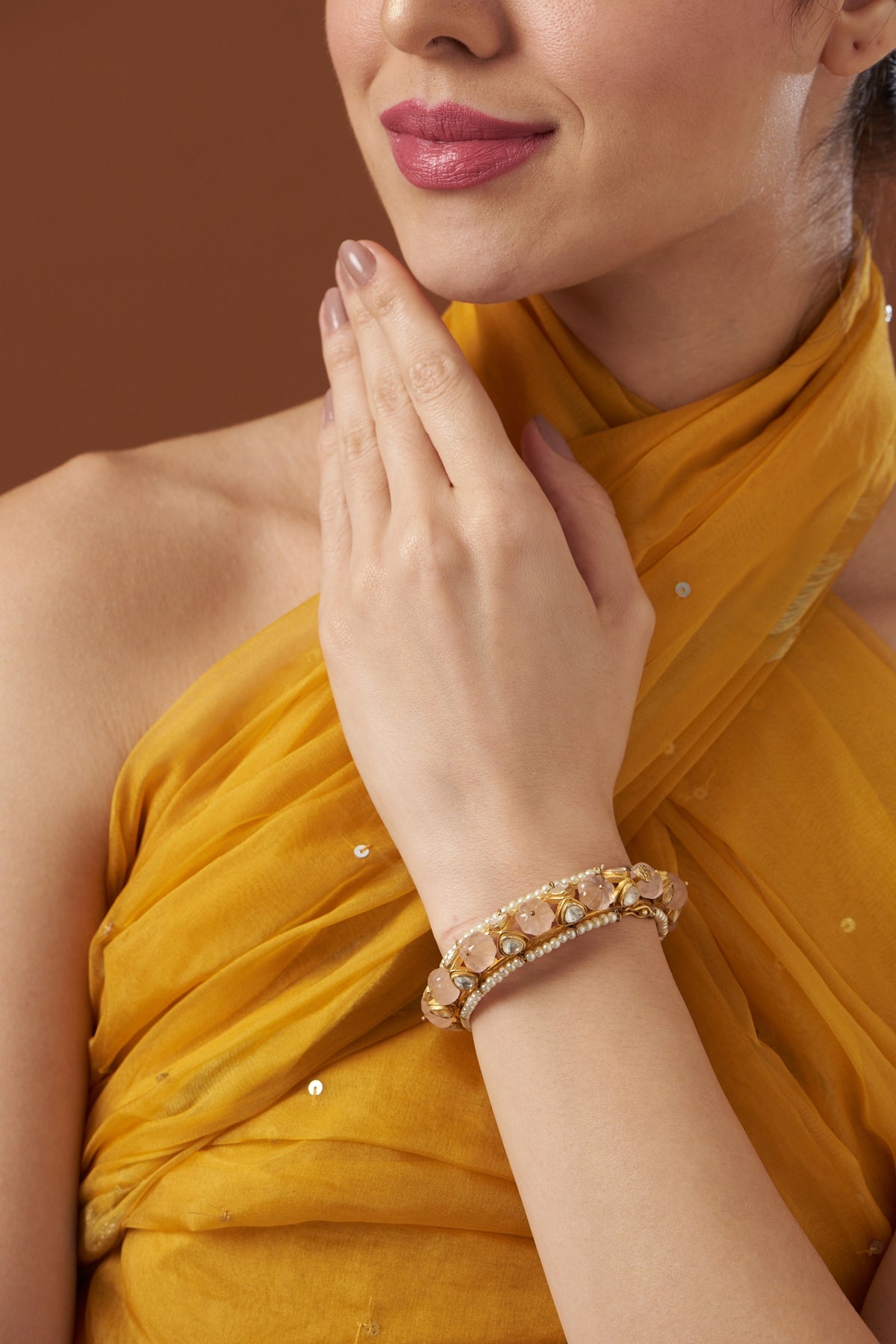 Gold Finish Rose Quartz Bangle In Sterling Silver