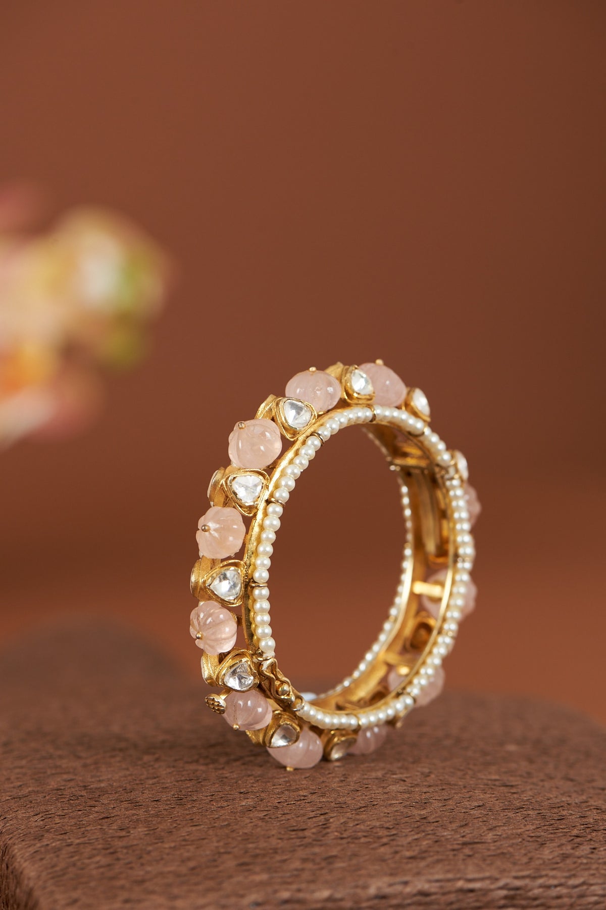 Gold Finish Rose Quartz Bangle In Sterling Silver
