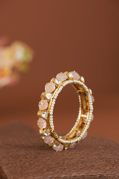 Gold Finish Rose Quartz Bangle In Sterling Silver