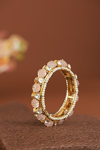 Gold Finish Rose Quartz Bangle In Sterling Silver