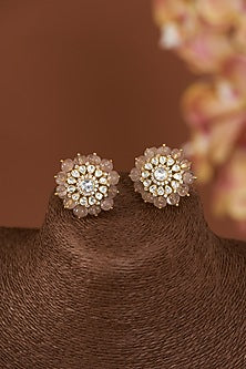 Gold Finish Rose Quartz Earrings In Sterling Silver