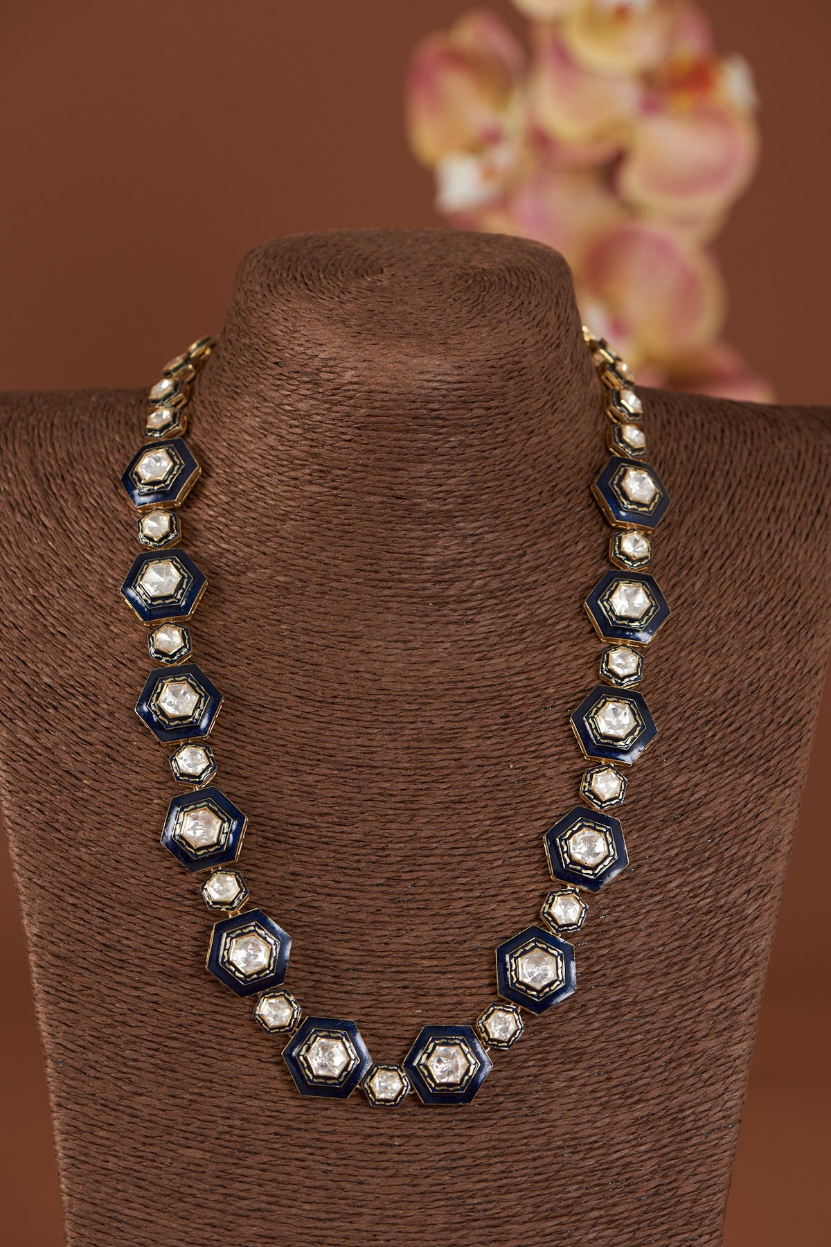 Gold Finish Enameled Necklace Set In Sterling Silver