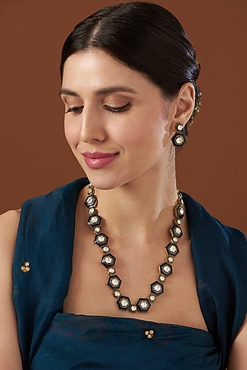Gold Finish Enameled Necklace Set In Sterling Silver