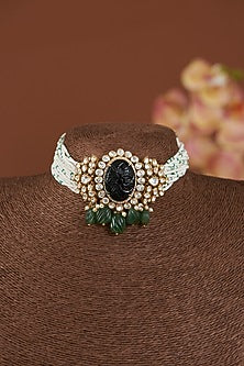 Gold Finish Vellore Polki Choker Necklace In Sterling Silver