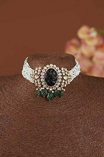 Gold Finish Vellore Polki Choker Necklace In Sterling Silver