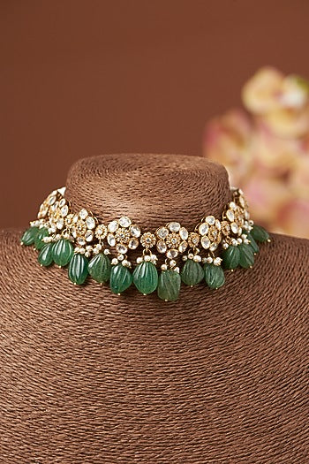 Gold Finish Vellore Polki Necklace Set In Sterling Silver