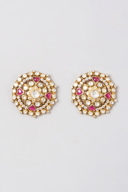 Gold Finish Kundan Polki Earrings In Sterling Silver
