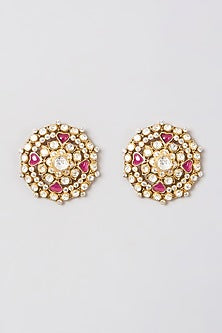 Gold Finish Kundan Polki Earrings In Sterling Silver