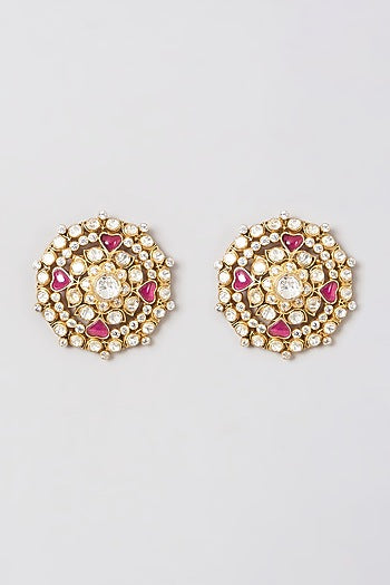 Gold Finish Kundan Polki Earrings In Sterling Silver