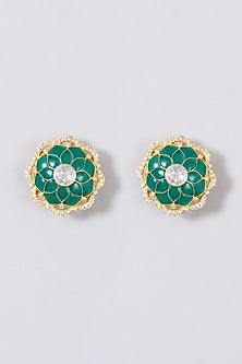 Gold Finish Kundan Polki Stud Earrings In Sterling Silver