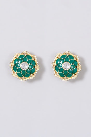 Gold Finish Kundan Polki Stud Earrings In Sterling Silver
