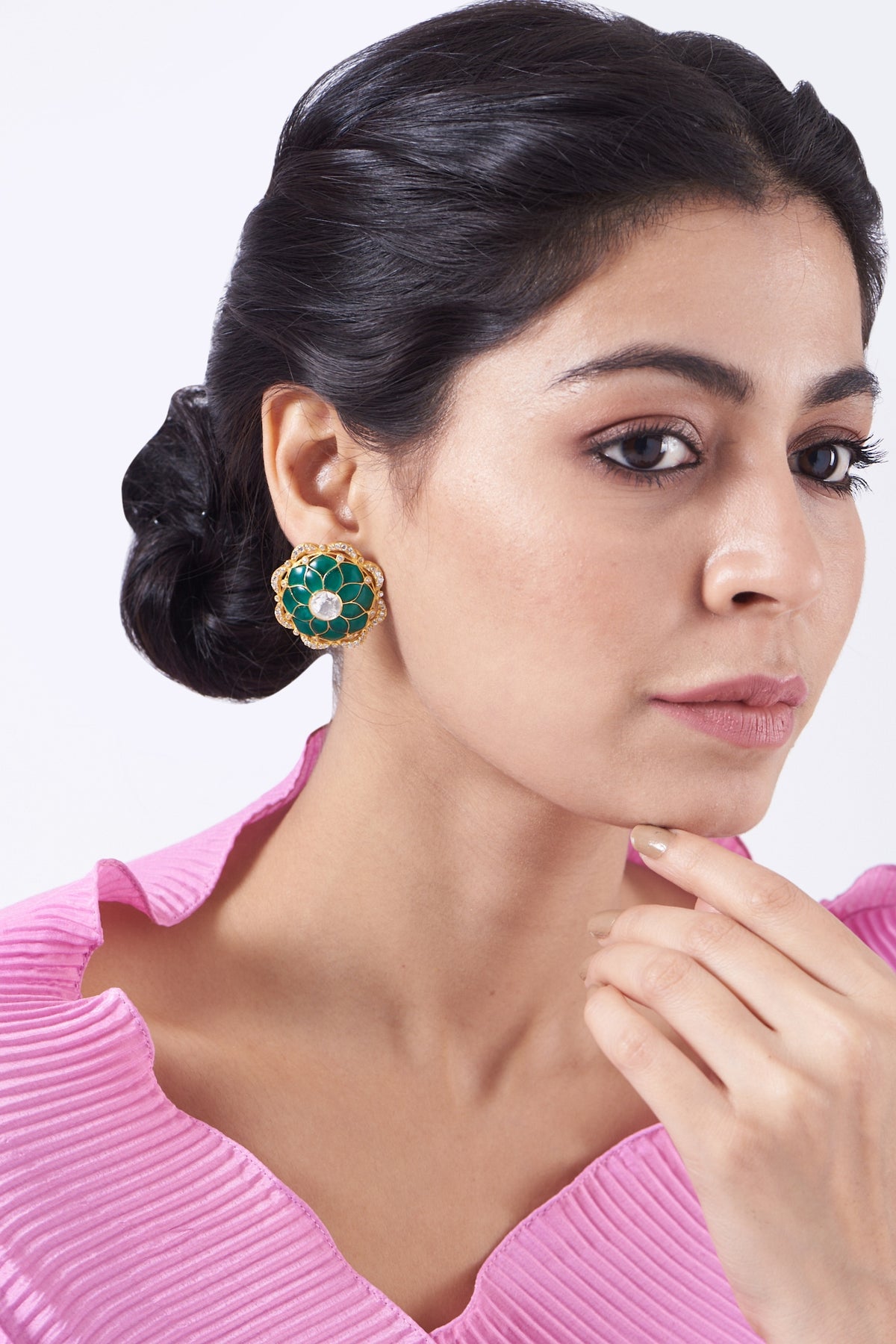 Gold Finish Kundan Polki Stud Earrings In Sterling Silver